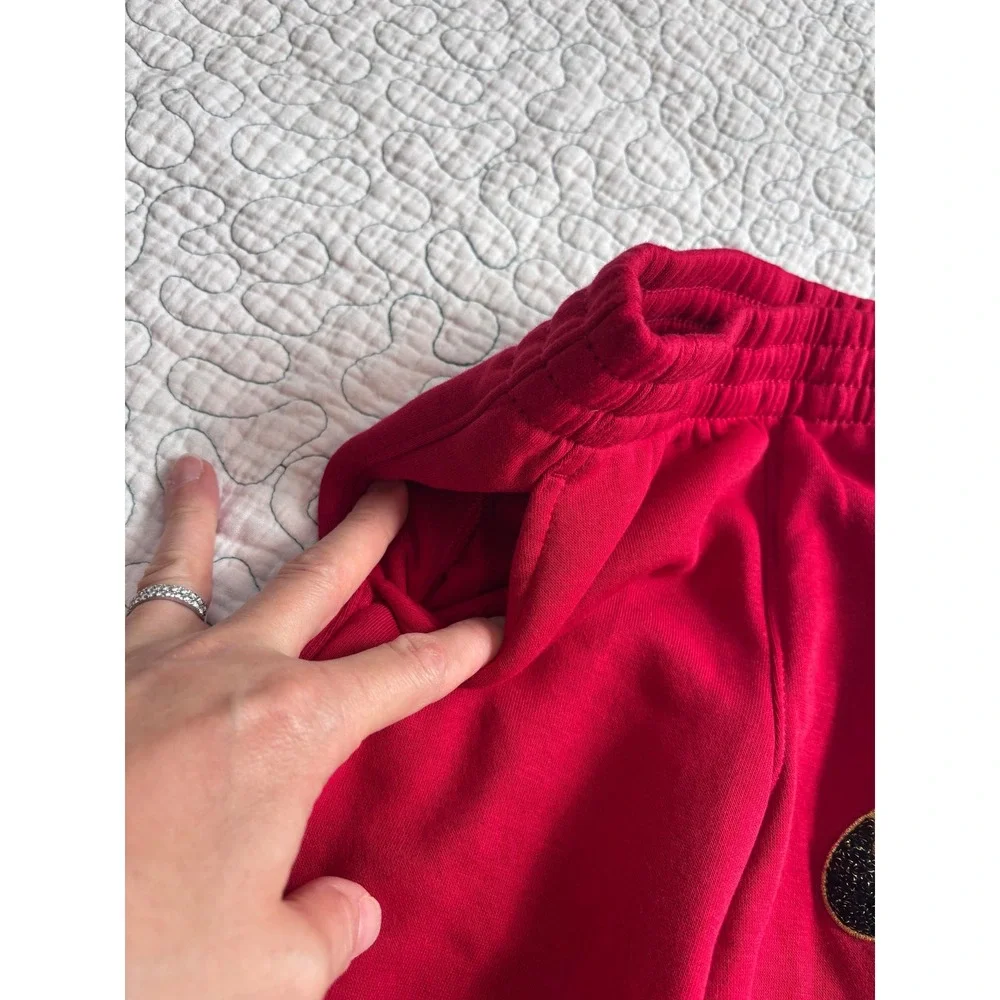 Nike Girls Red Fleece Joggers Glitter Chenille Swoosh Logo Size XS 4